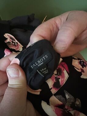 Talbots Black Floral V-Neck Blouse with Pink Accents